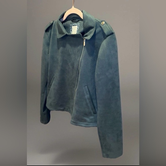 LC Lauren Conrad Dusty Green Faux Suede Front Zip Soft Moto Jacket Medium - Picture 4 of 11